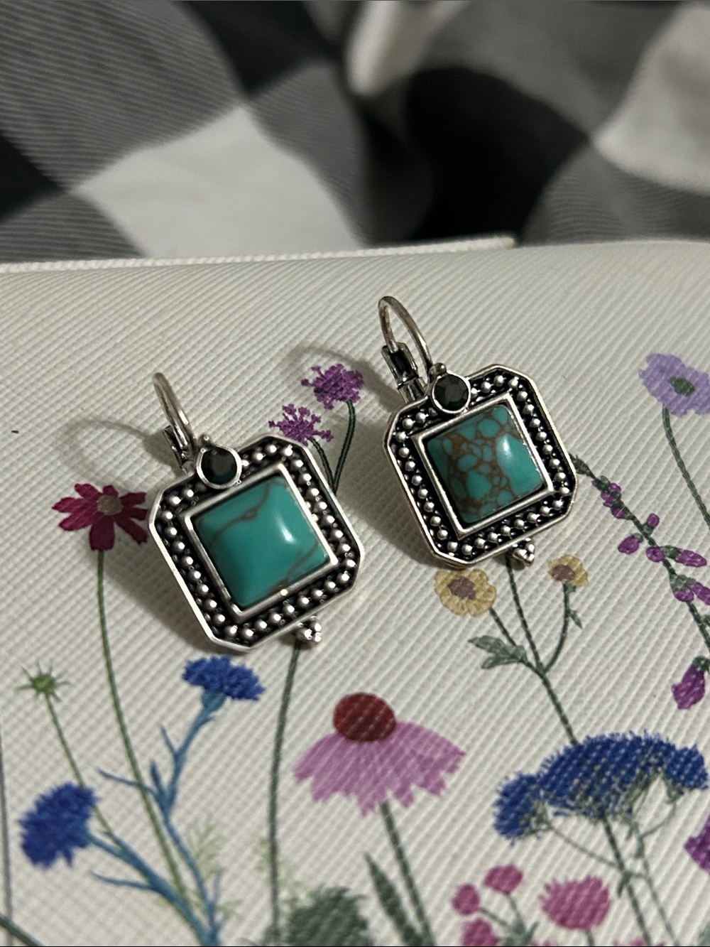 Turquoise Square Dangle Earrings - Silver Accent